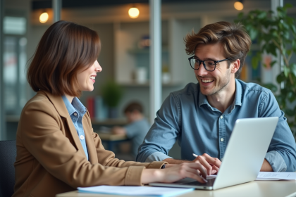 Jeune femme au bureau avec un stagiaire en réunion