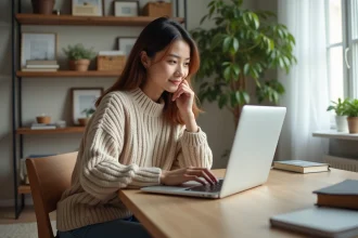 Jeune femme assise à un bureau à la maison en train de travailler sur son ordinateur