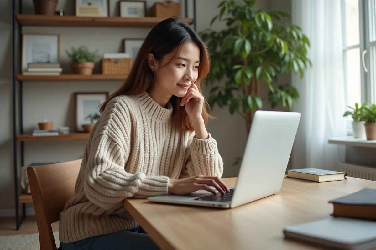 Jeune femme assise à un bureau à la maison en train de travailler sur son ordinateur