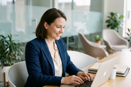 Femme professionnelle souriante travaillant sur son ordinateur dans un bureau moderne
