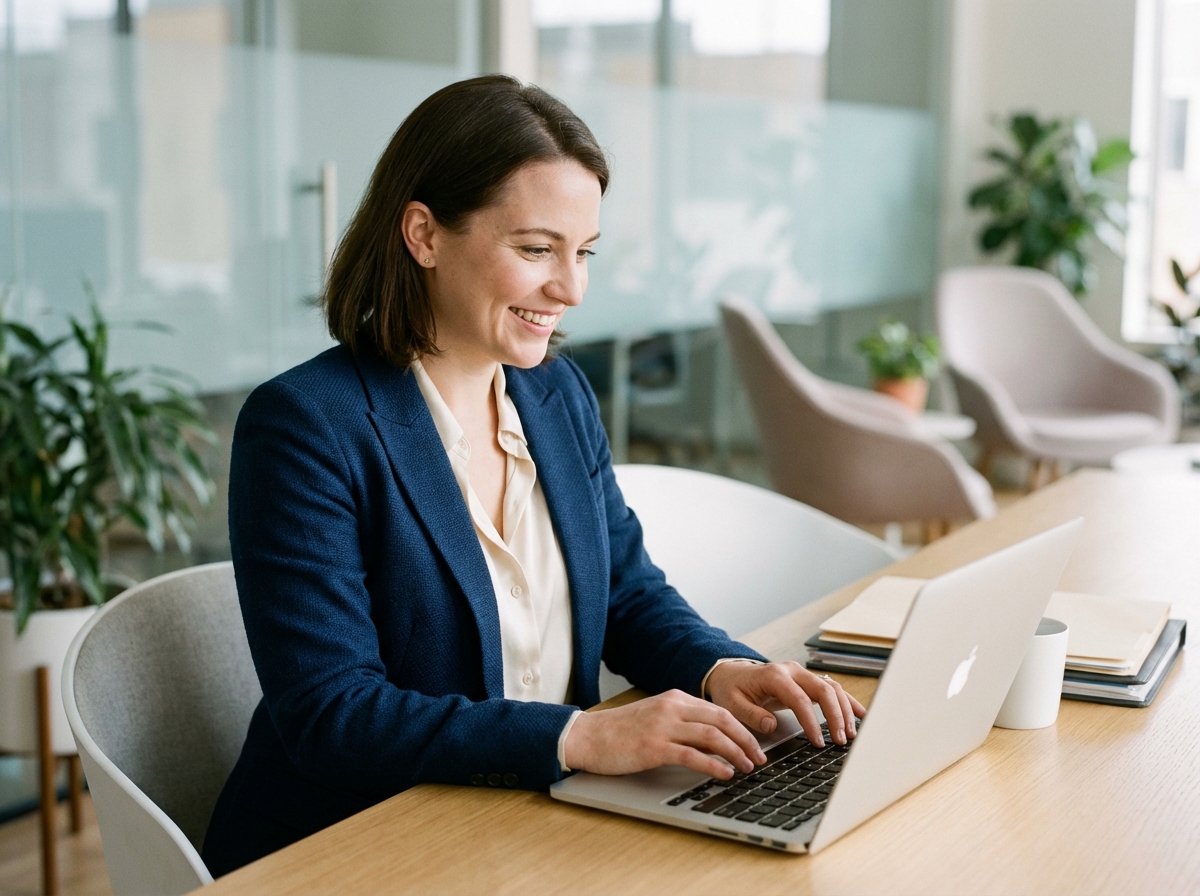Femme professionnelle souriante travaillant sur son ordinateur dans un bureau moderne