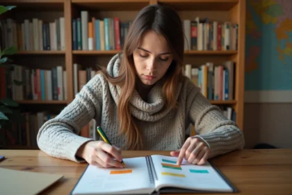 Jeune femme arrangeant des cartes de grammaire allemande