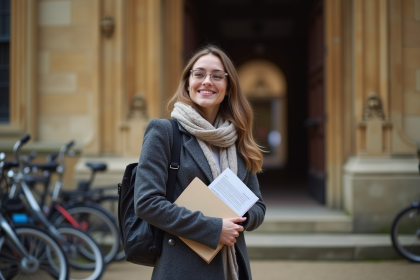 Jeune femme avec manteau dans un collège de Cambridge