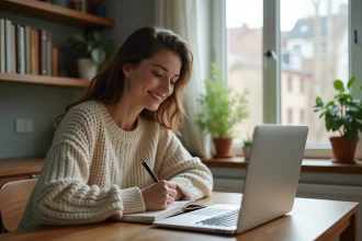 Jeune femme souriante en cuisine avec ordinateur portable