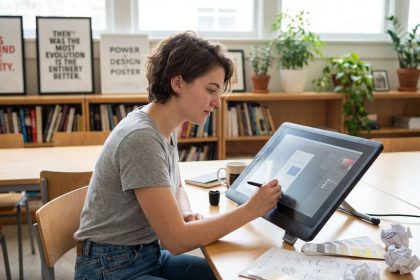 Jeune femme créant un design digital sur une tablette en classe