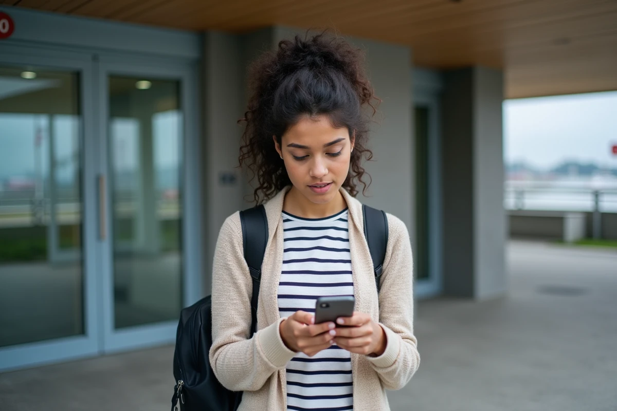 Jeune femme regardant son smartphone devant une université