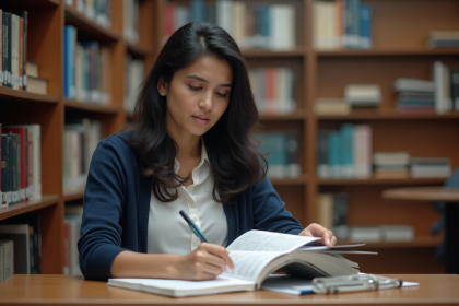 Jeune femme lisant un livre médical dans une bibliothèque universitaire