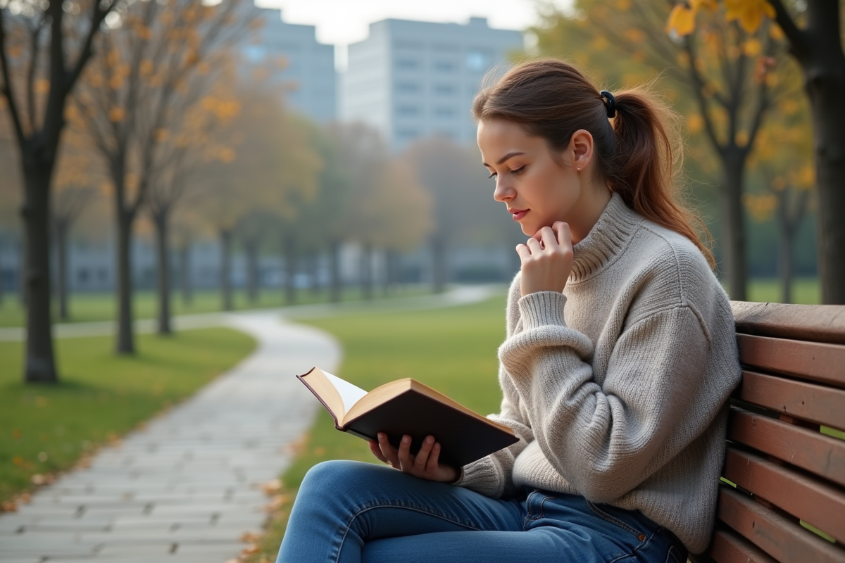 Jeune femme lisant dans un parc urbain