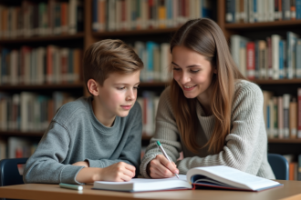 Jeune femme mentorant un adolescent dans une bibliothèque chaleureuse