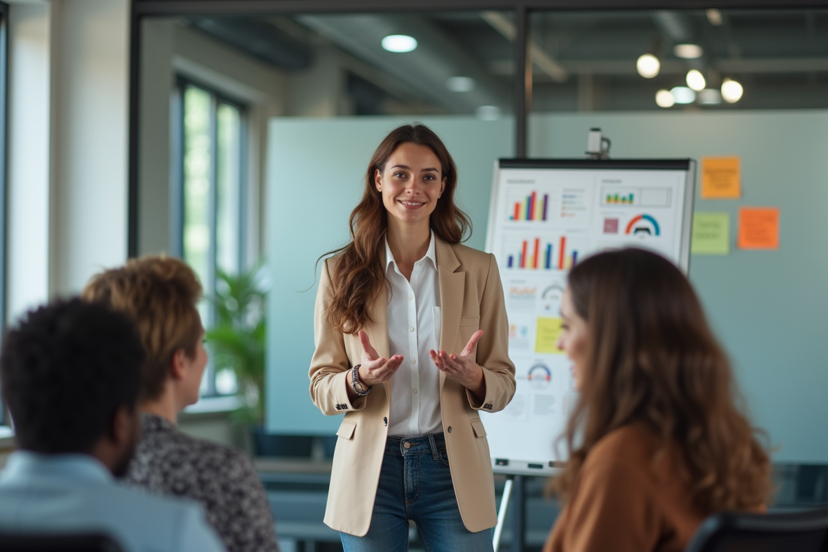 Jeune femme française présentant un projet en startup