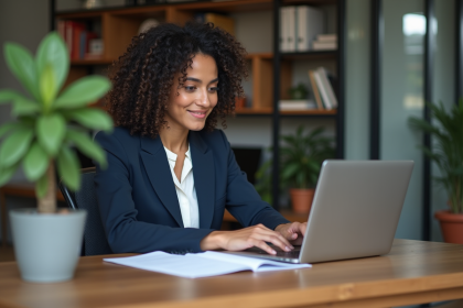 Jeune femme professionnelle travaillant sur son ordinateur dans un bureau moderne