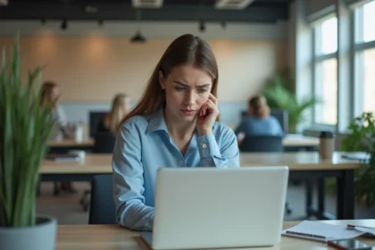 Jeune femme déçue devant son ordinateur lors d'un recrutement