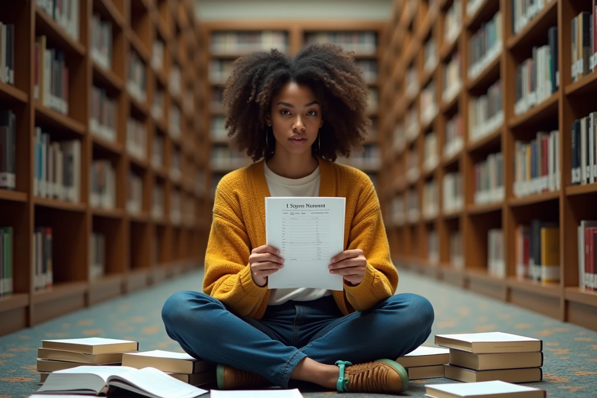 Jeune femme analysant les résultats d'un test de QI entourée de manuels de psychologie dans une bibliothèque universitaire