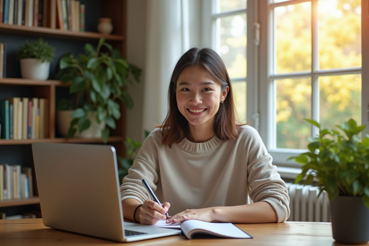 Jeune femme travaillant chez elle avec un ordinateur portable