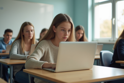 Jeune fille concentrée sur son ordinateur en classe lumineuse