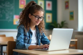 Jeune fille de 17 ans en classe avec ordinateur portable