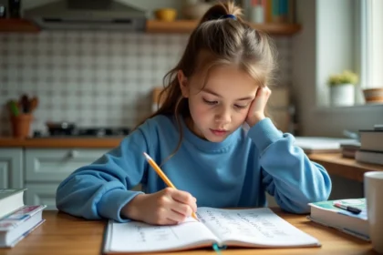 Jeune fille en sweat bleu écrit une conjugaison espagnole