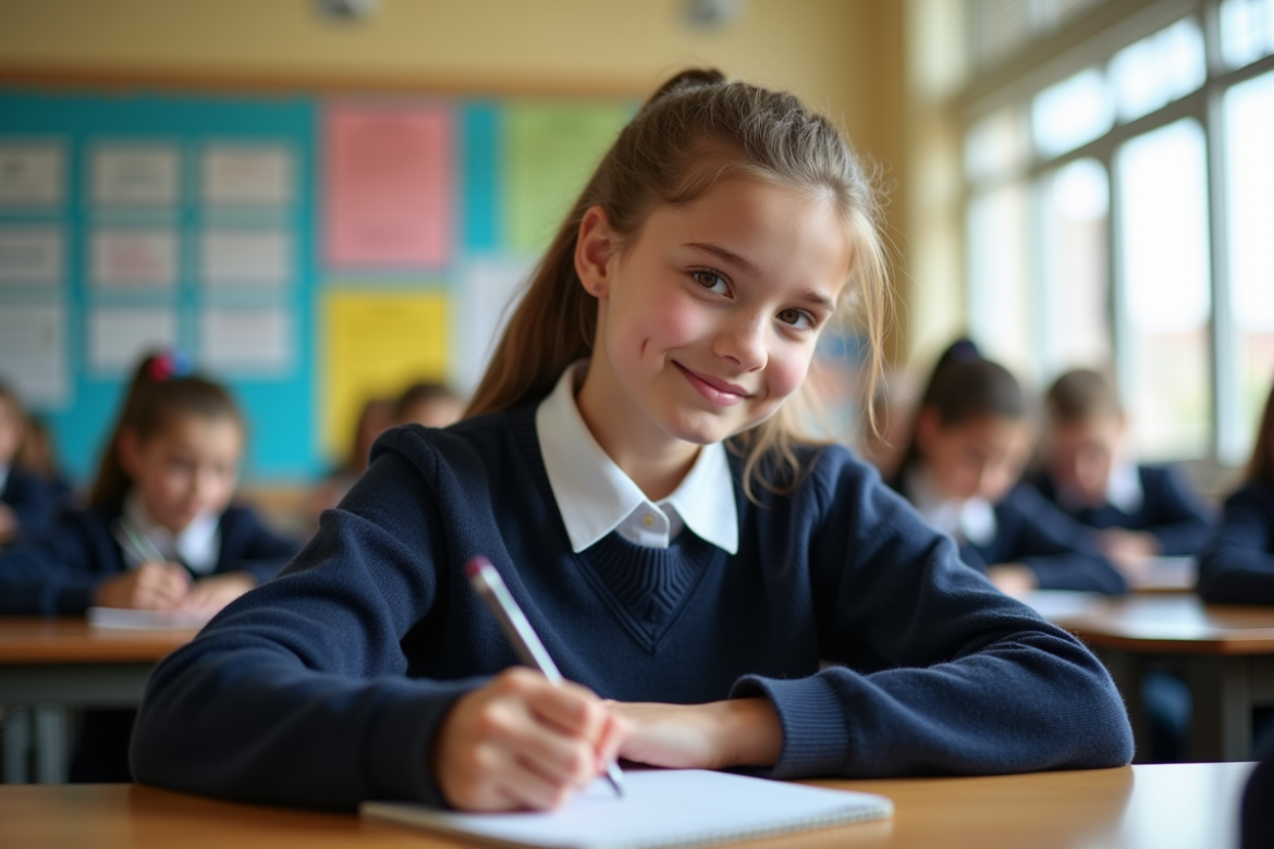 Jeune fille en uniforme scolaire concentrée à écrire