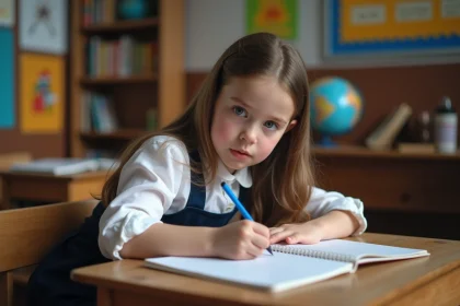 Jeune fille écrivant dans un cahier en classe