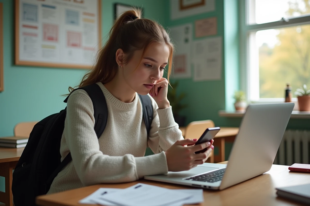 Jeune étudiante concentrée sur son ordinateur dans une salle d