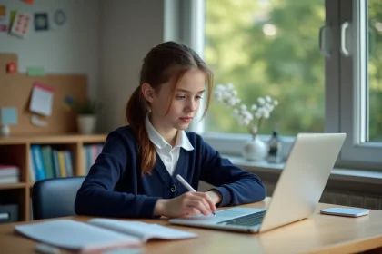 Jeune fille en uniforme scolaire concentrée sur son emploi du temps