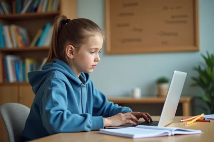 Jeune fille concentrée sur son ordinateur dans un bureau moderne