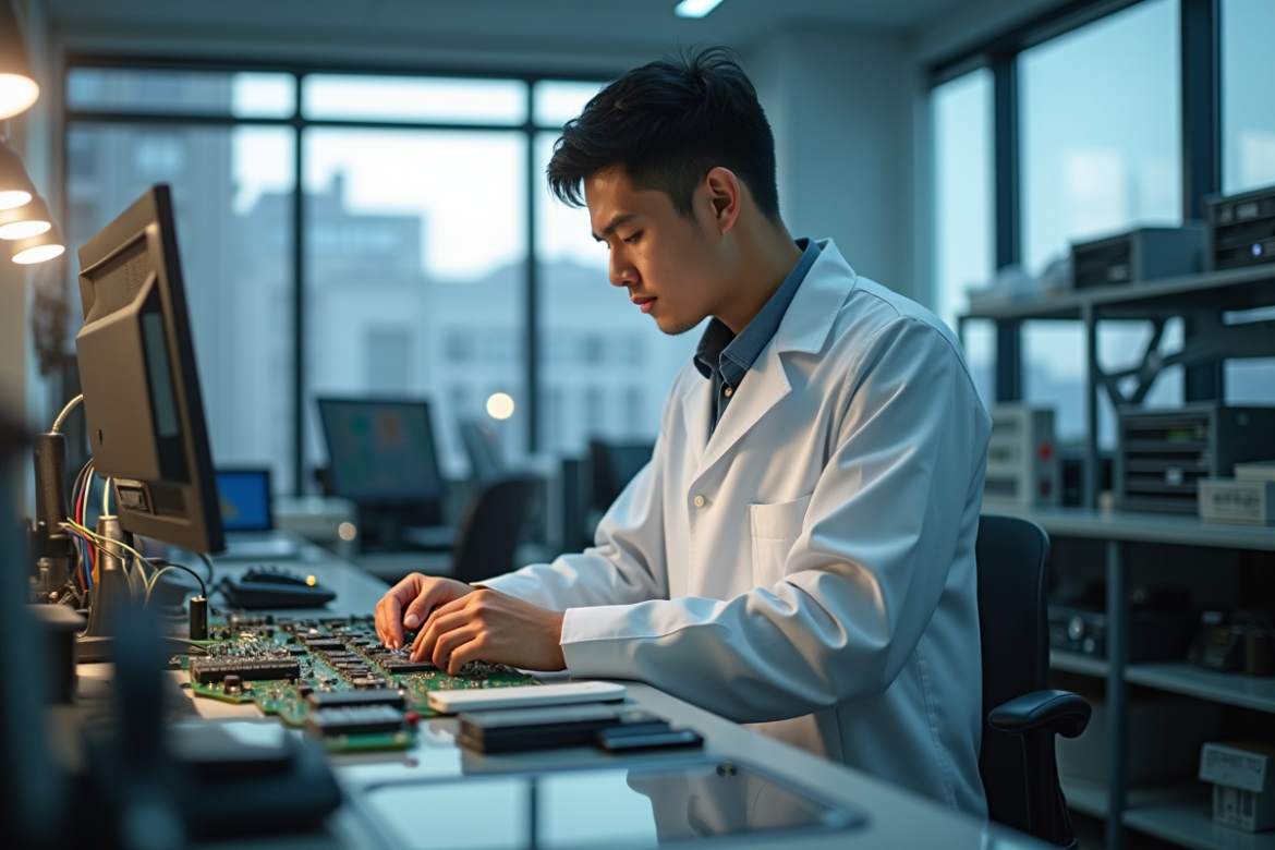 Jeune diplômé en électronique dans un laboratoire moderne
