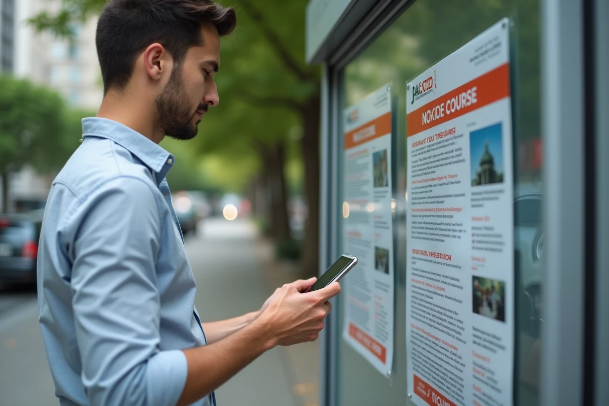 Jeune homme consulte panneau d affichage extérieur