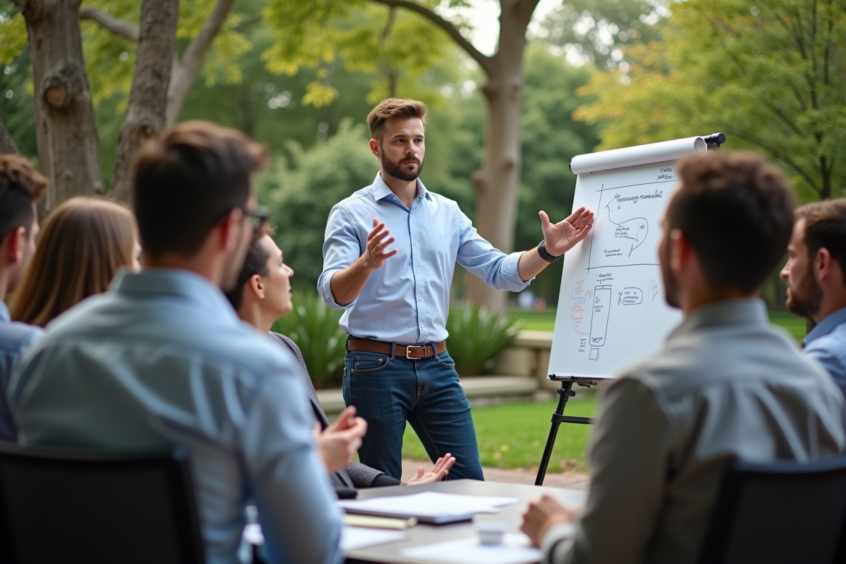 Jeune homme en extérieur facilitant une séance de brainstorming