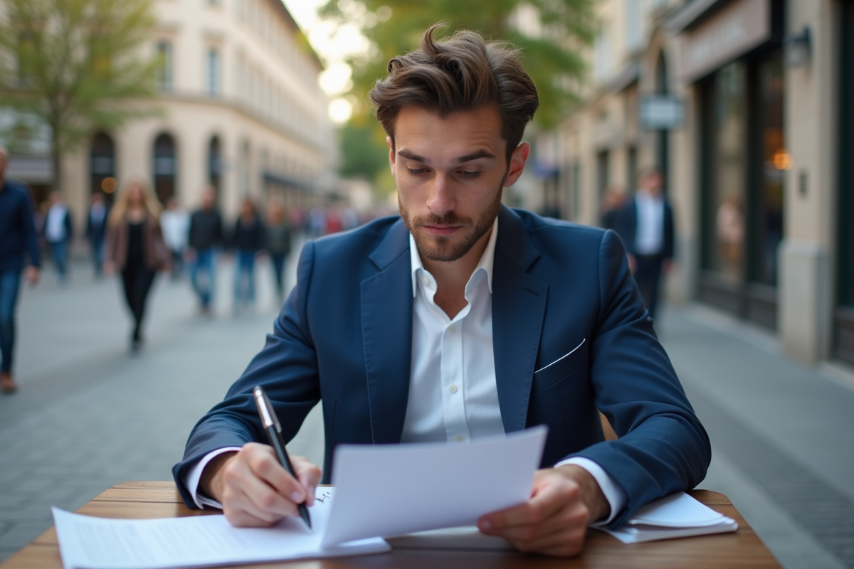 Jeune homme en costume dans un café en ville en train de lire