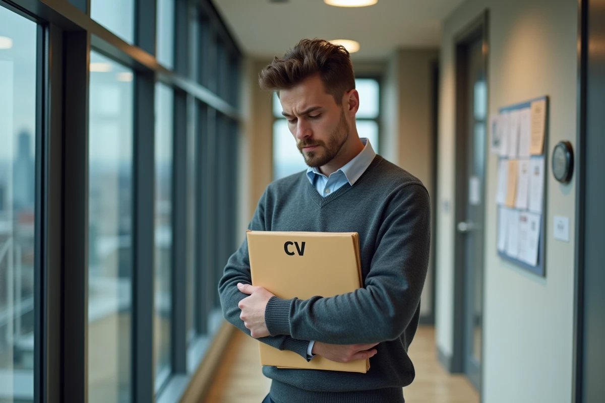 Jeune homme anxieux dans un couloir professionnel
