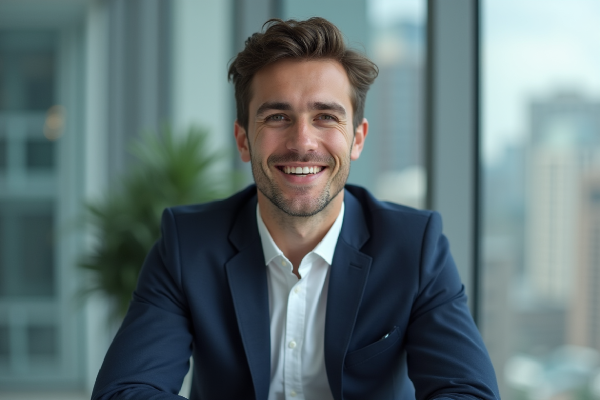 Jeune homme en costume navy dans un bureau moderne
