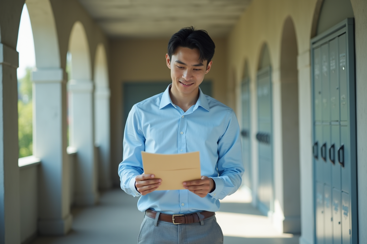 Jeune homme étudiant lisant une enveloppe dans un couloir
