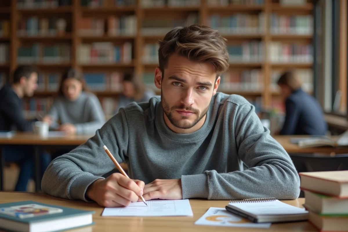 Étudiant en bibliothèque remplissant un test d