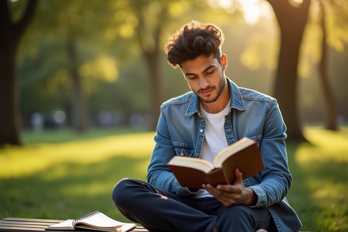 Jeune homme lisant un livre de leadership dans un parc