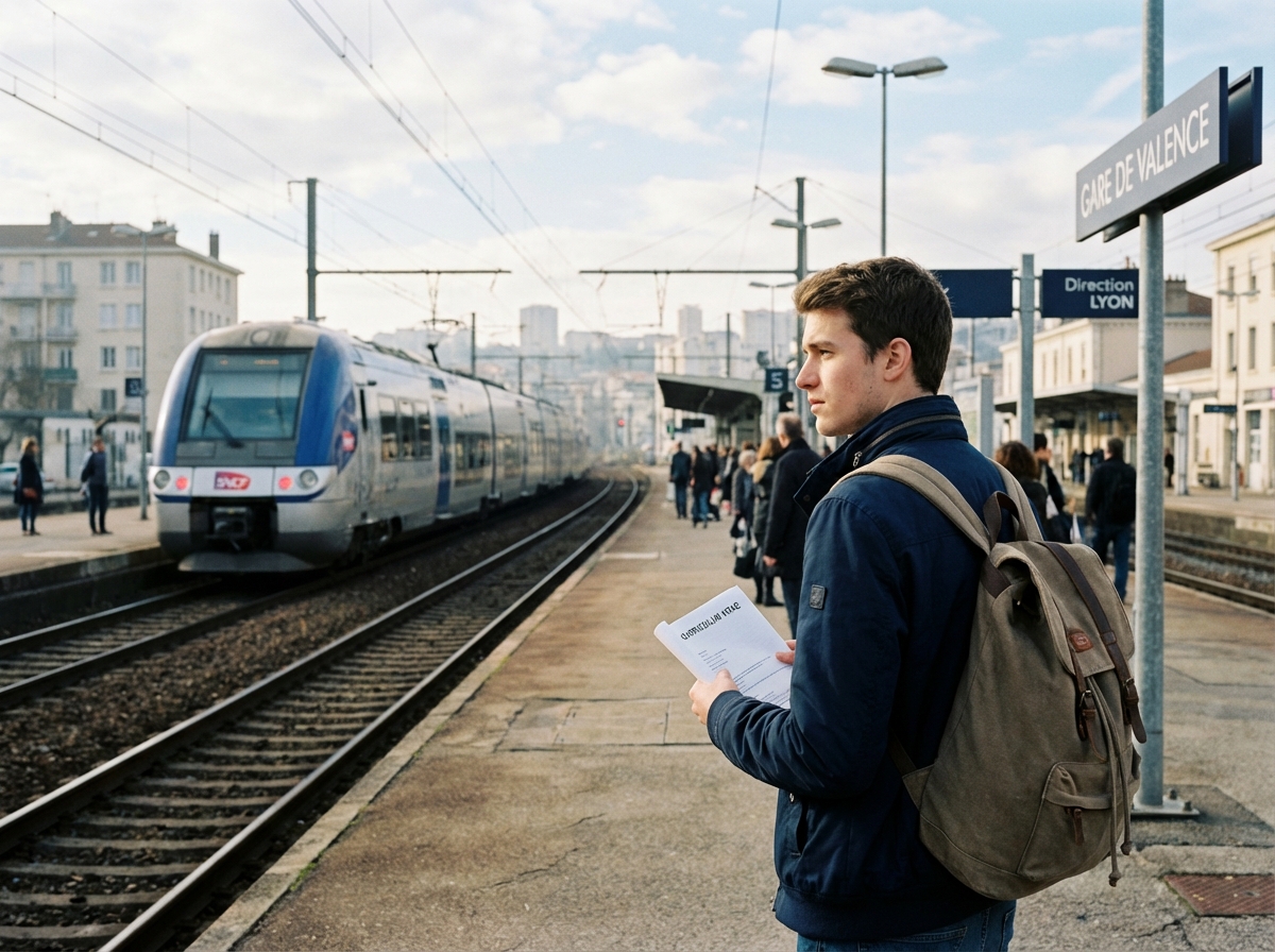 Jeune homme avec CV sur le quai de train à Valence