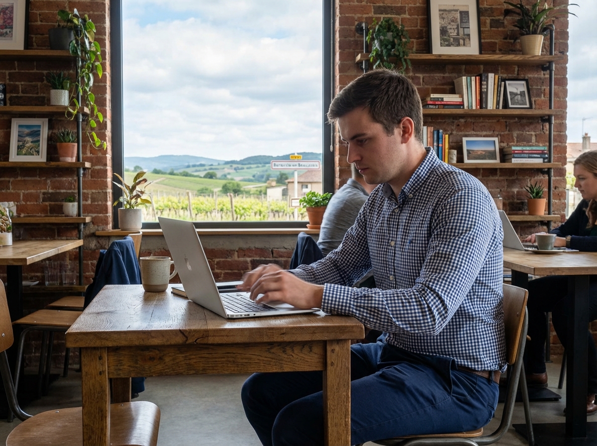 Jeune homme travaillant sur son ordinateur dans un café moderne