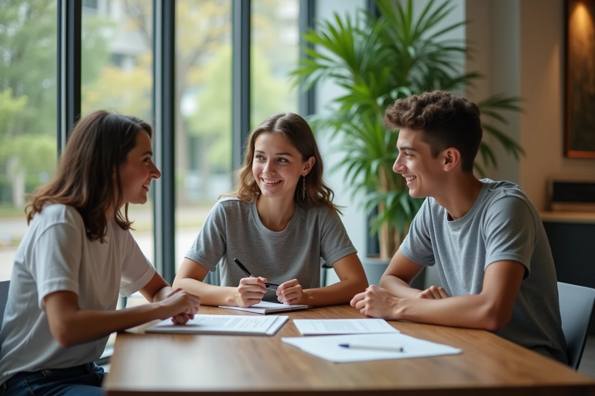 Trois lycéens français discutant avec brochures en main