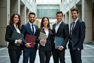 Groupe de jeunes diplômés en ingénierie souriants dans le hall