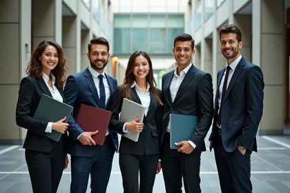 Groupe de jeunes diplômés en ingénierie souriants dans le hall