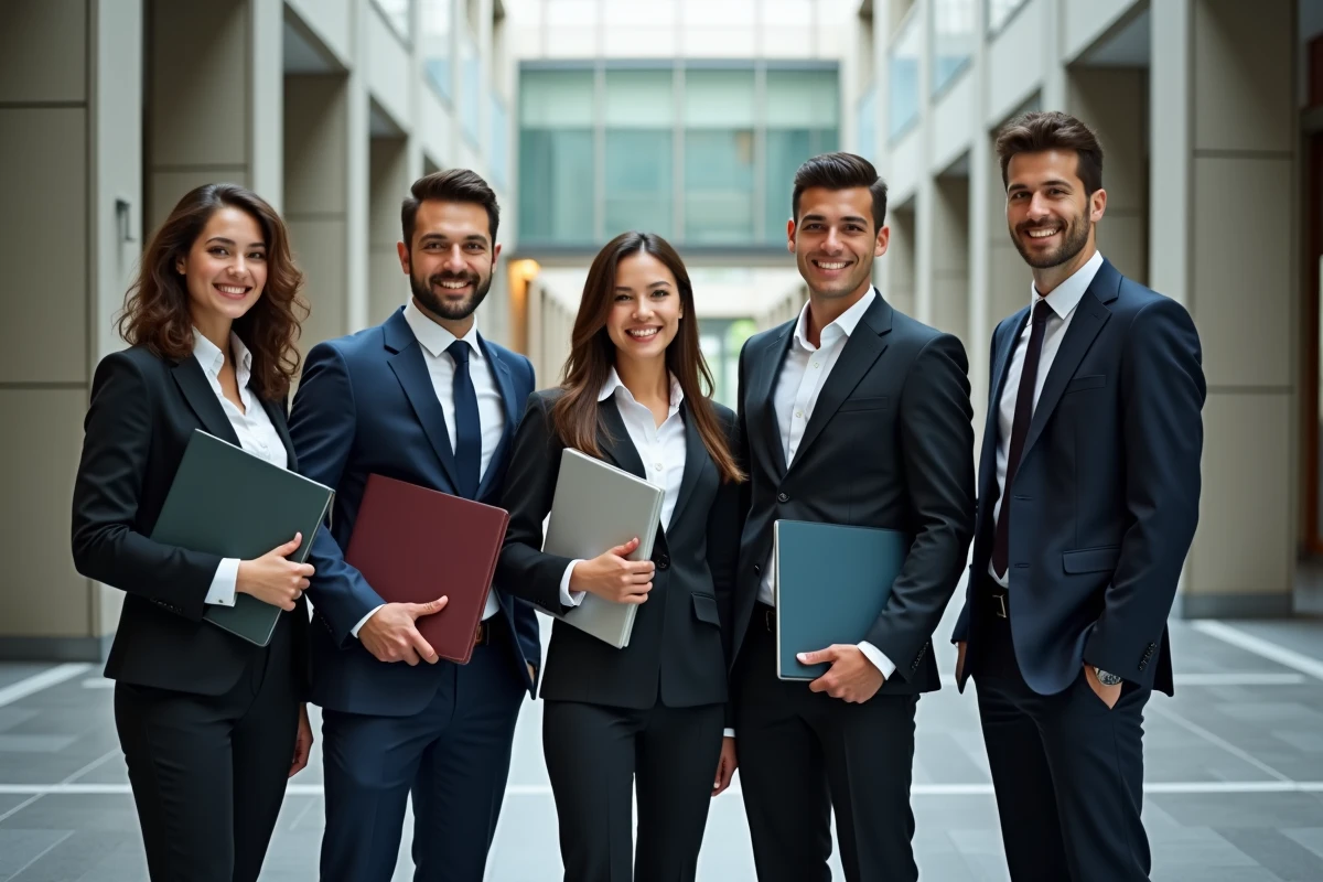 Groupe de jeunes diplômés en ingénierie souriants dans le hall