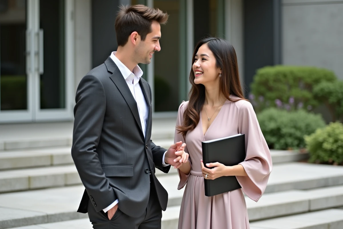 Deux jeunes diplômés discutant sur les marches extérieures