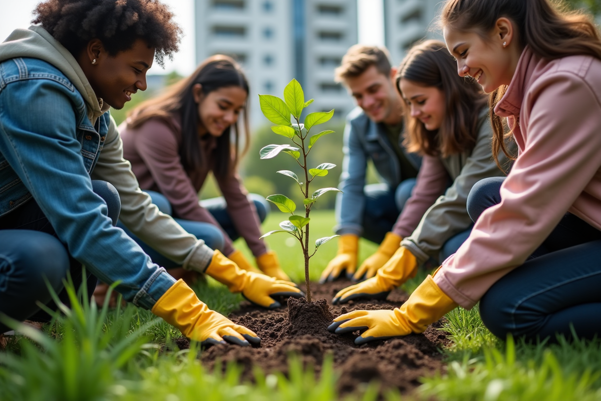 Jeunes adultes plantant des arbres dans un parc urbain