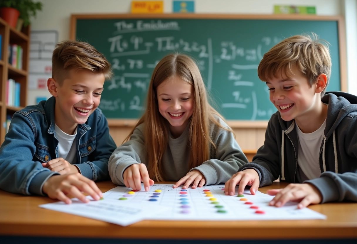 Trois adolescents jouant à un jeu de mémoire sur pi en classe