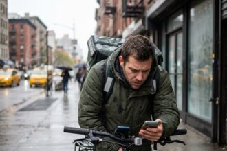 Livreur de plateforme vérifiant son téléphone sur son vélo en ville sous un ciel couvert
