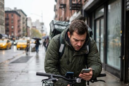 Livreur de plateforme vérifiant son téléphone sur son vélo en ville sous un ciel couvert