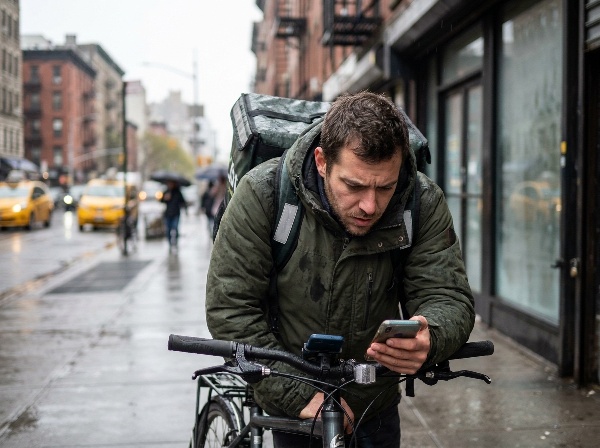 Livreur de plateforme vérifiant son téléphone sur son vélo en ville sous un ciel couvert