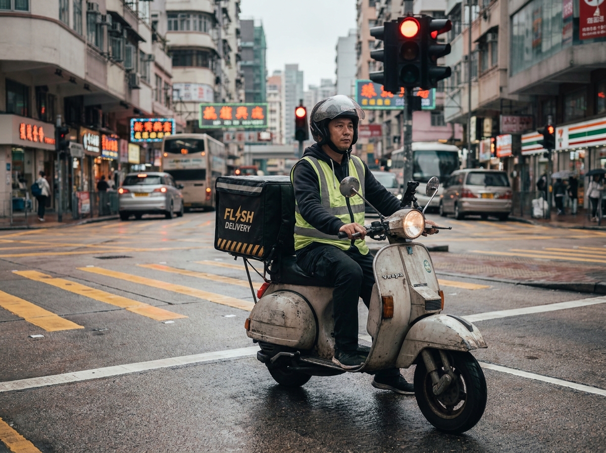 Livreur en scooter avec casque et gilet jaune à un carrefour urbain animé