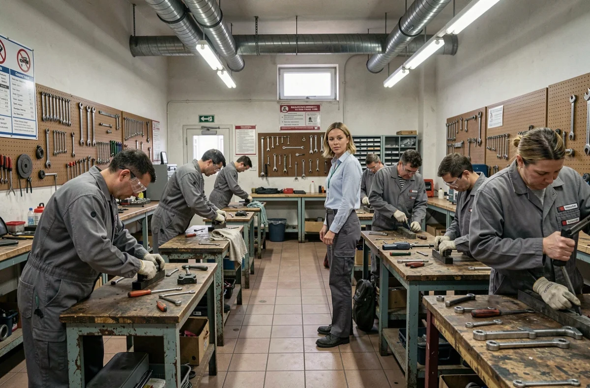 Enseignante d'un lycée professionnel ou GRETA BFC supervisant des apprenants adultes en atelier technique