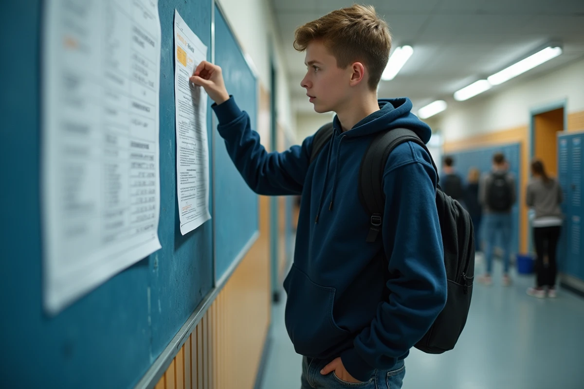 Lycéen affichant le calendrier imprimé des examens sur le panneau d'affichage de son lycée